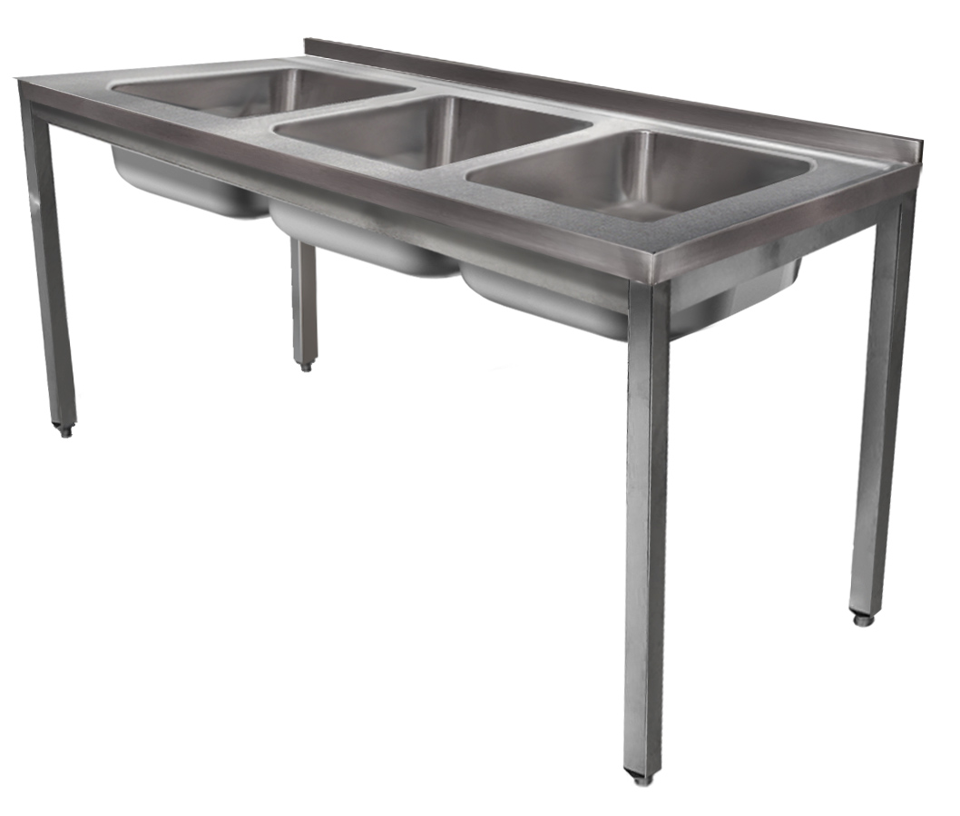 1400mm 3 medencés nagykonyhai mosogató 400x500x250mm medencékkel, lábra állítva, r.m. acél