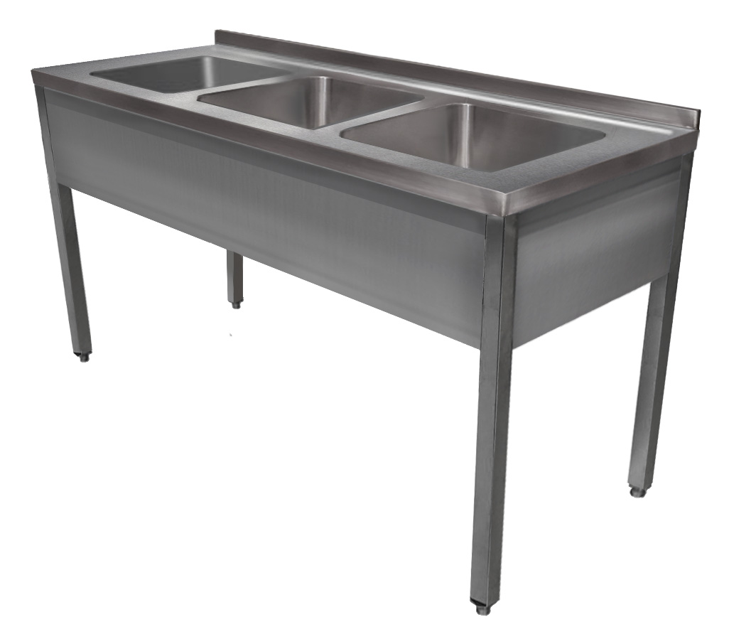 1800mm 3 medencés nagykonyhai mosogató 500x500x300mm medencékkel, lábra állítva, takaróköpennyel, r.m. acél