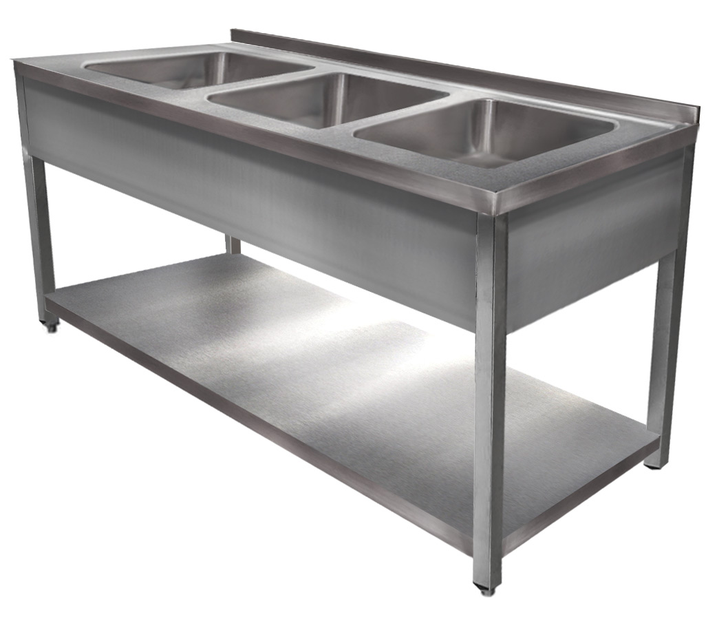 1800mm 3 medencés nagykonyhai mosogató 500x600x300mm medencékkel, lábra állítva, takaróköpennyel, polccal, r.m. acél