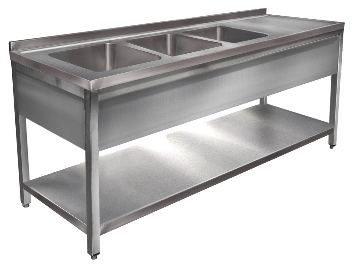 2400mm 3 medencés nagykonyhai mosogató jobb oldali csepegtetővel, 500x500x300mm medencékkel, lábra állítva, takaróköpennyel, polccal, r.m. acél