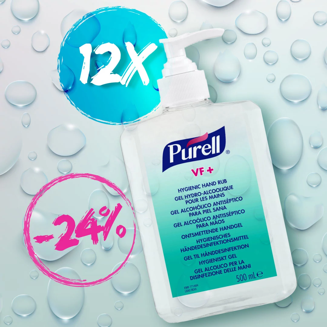 PURELL VF+ erős széles hatásspektrumú, erős virucid hatású kézfertőtlenítő gél asztali pumpás flakon, 500 ml-es asztali csomag (12 db / csomag)