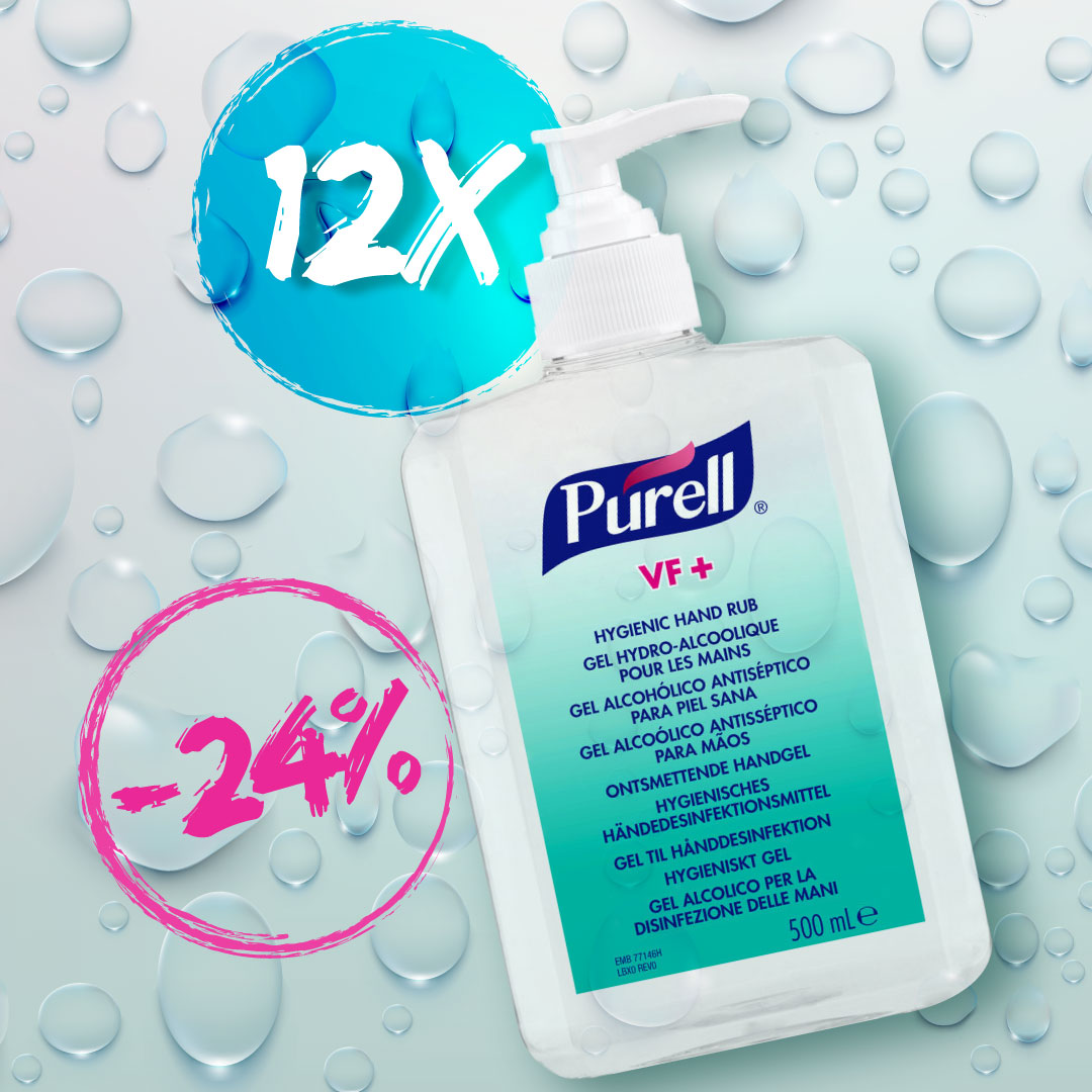 PURELL VF+ erős széles hatásspektrumú, erős virucid hatású kézfertőtlenítő gél asztali pumpás flakon, 500 ml-es asztali csomag (12 db / csomag)