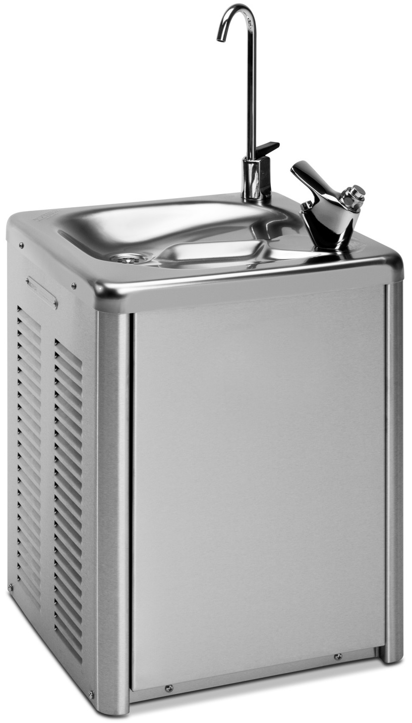 Fali hűtött vizes ivókút ivókútfejjel és pohártöltővel, 30L/h HPDC hűtés, rozsdamentes acél ház