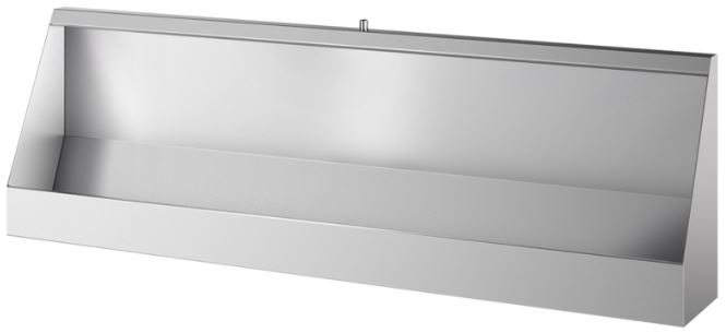 Vandálbiztos piszoár vályú, fali rögzítésű, 4 személyes, r.m. acél, selyem, 1,2 mm falvastagság, 2400 mm