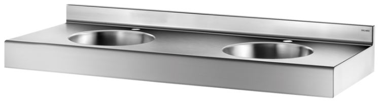DELABIE DUPLO RP vandálbiztos sormosdó 1200 mm, két személyes, hátfallal, 35 mm-es középső csapfurattal, szifontakaró nélkül, r.m. acél, 1,5 mm falvastagság