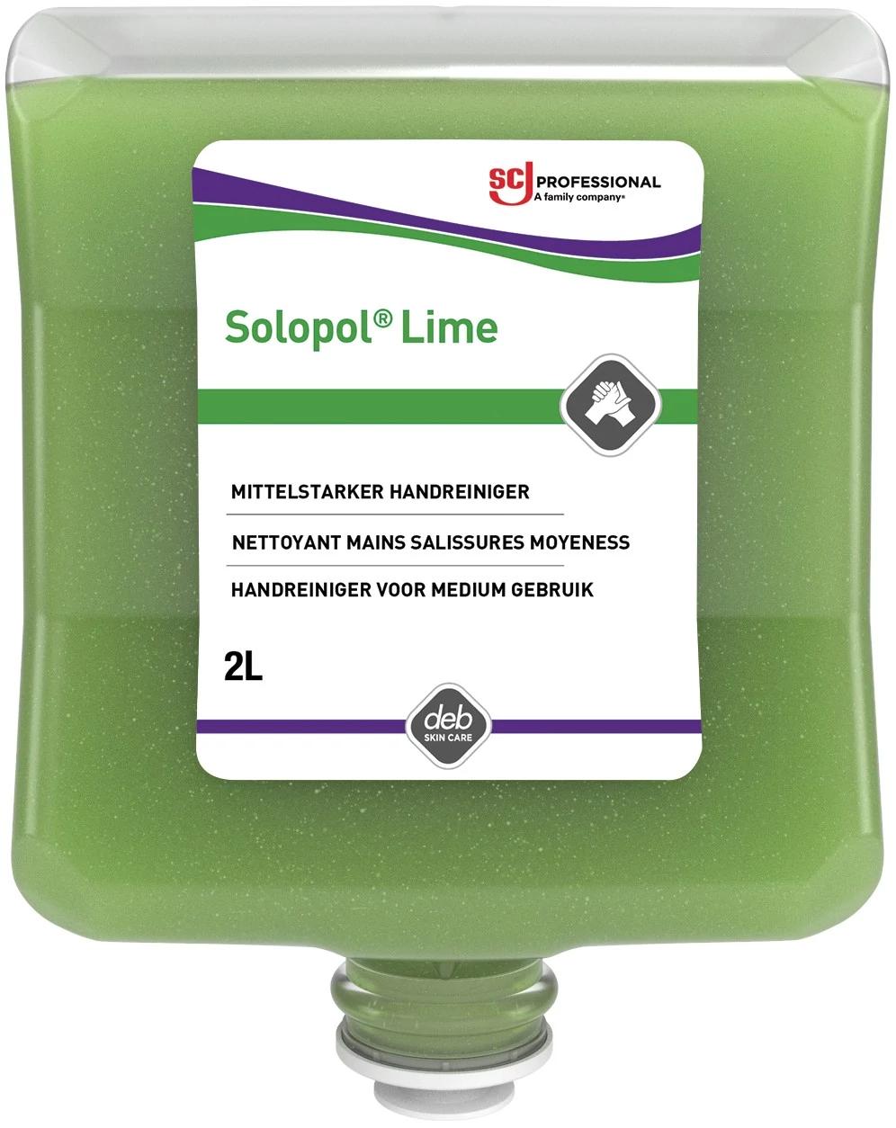 SCJP Solopol Lime Medium-Heavy Duty ipari kézmosó közepesen makacs olajos, zsíros szennyeződésekre, kukoricacsutka őrleménnyel, erős tisztítóhatás: 4/5, Heavy Duty adagolóhoz, 2L patron