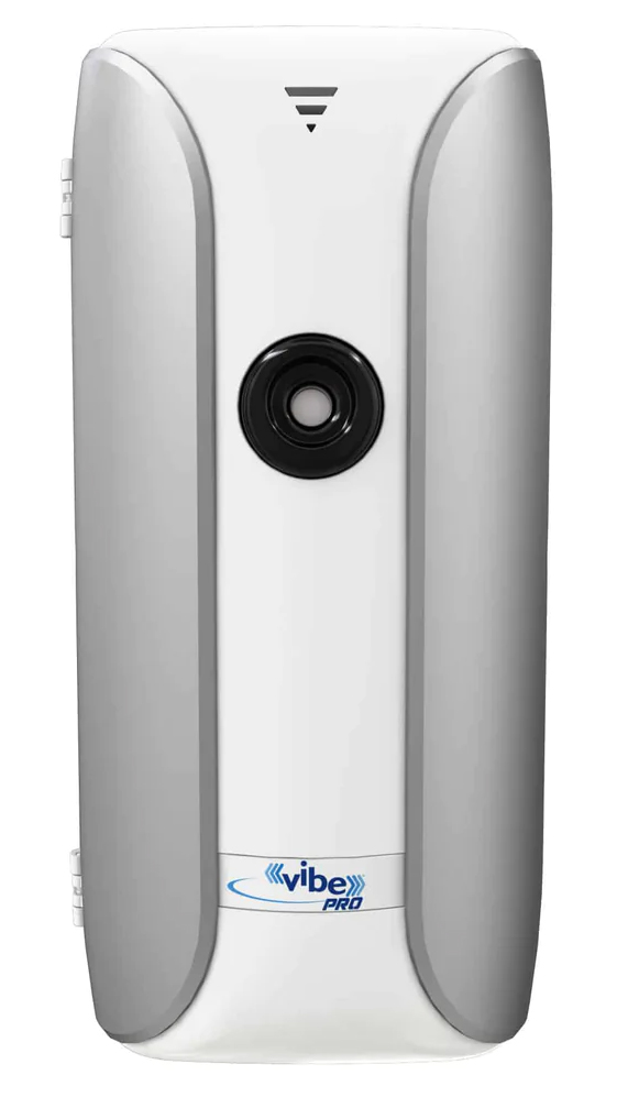 VIBE PRO nagyteljesítményű illatosító és szagtalanító készülék, innovatív rács-vibrációs illatpermet diffúzor, akár 510m3, elemes, fehér/ezüst
