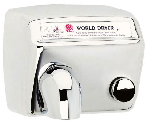 DA548-972 WORLD DRYER Model A nyomógombos, időzített kézszárító, r.m. acél, fényes, 2300 W, 20 mp, 73,8 dB